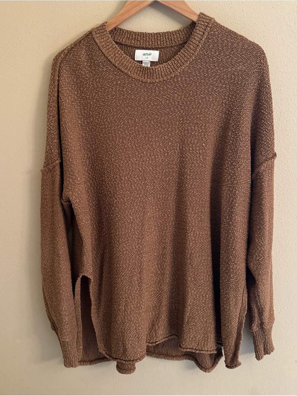 Aerie Womens Size Large Brown Oversized Knit Crewneck Sweater Fall Cozy